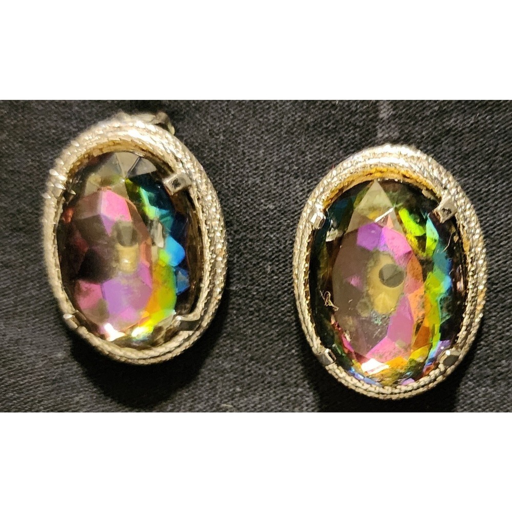 VTG Schiaparelli Watermelon Clip On Earrings Oval Iridescent Aurora Borealis